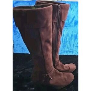Predictions Sz 7 Lined Tall‎ Boots Brown Faux Suede 3" Block Heel Cuffed Zip